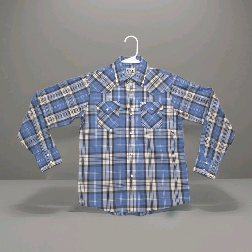 Ely cattleman boys M shirt western cowboy blue plaid pearl snaps rodeo